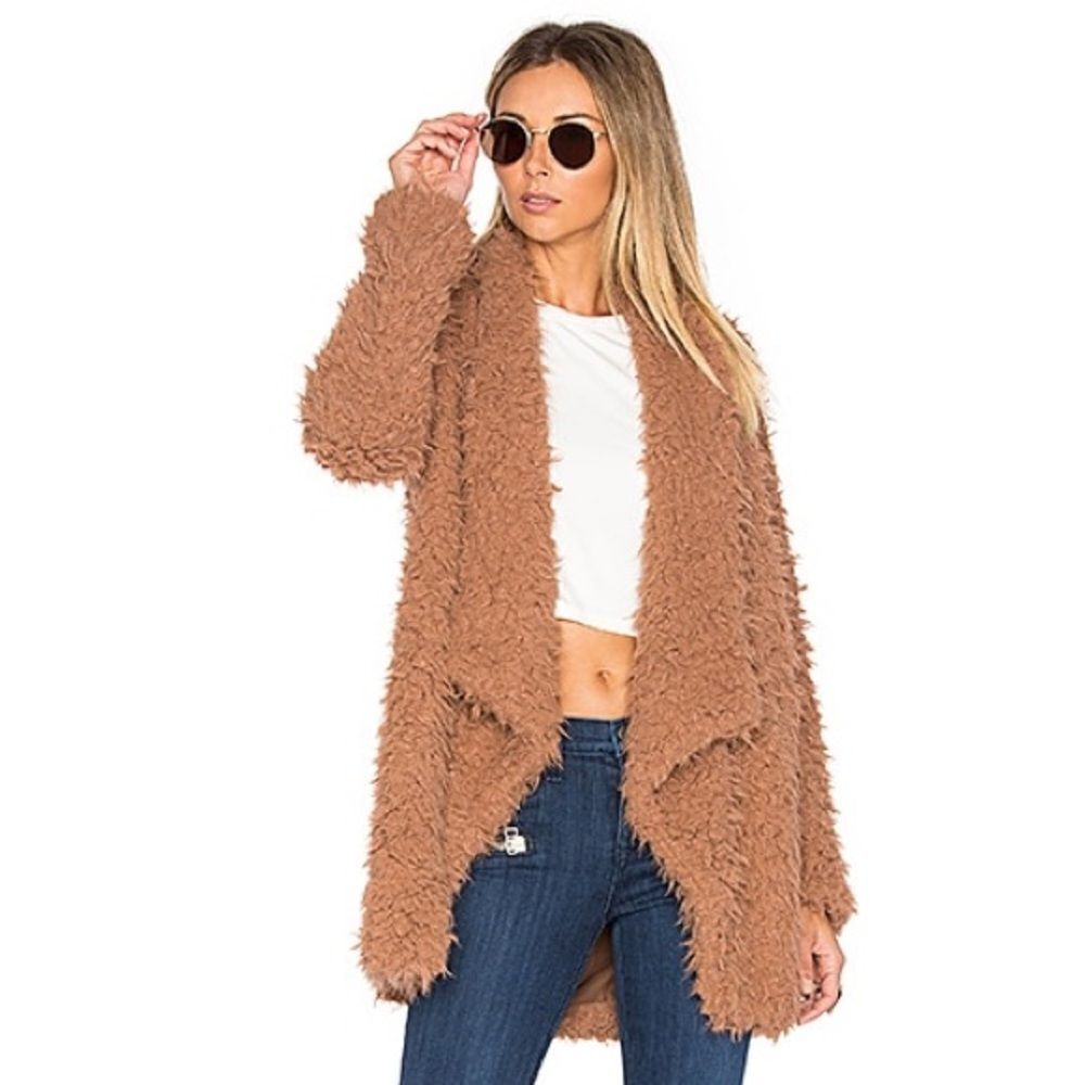 Tularosa Jacket Women’s Medium Beige Brown Open‎ Waterfall Front Shag Teddy Coat